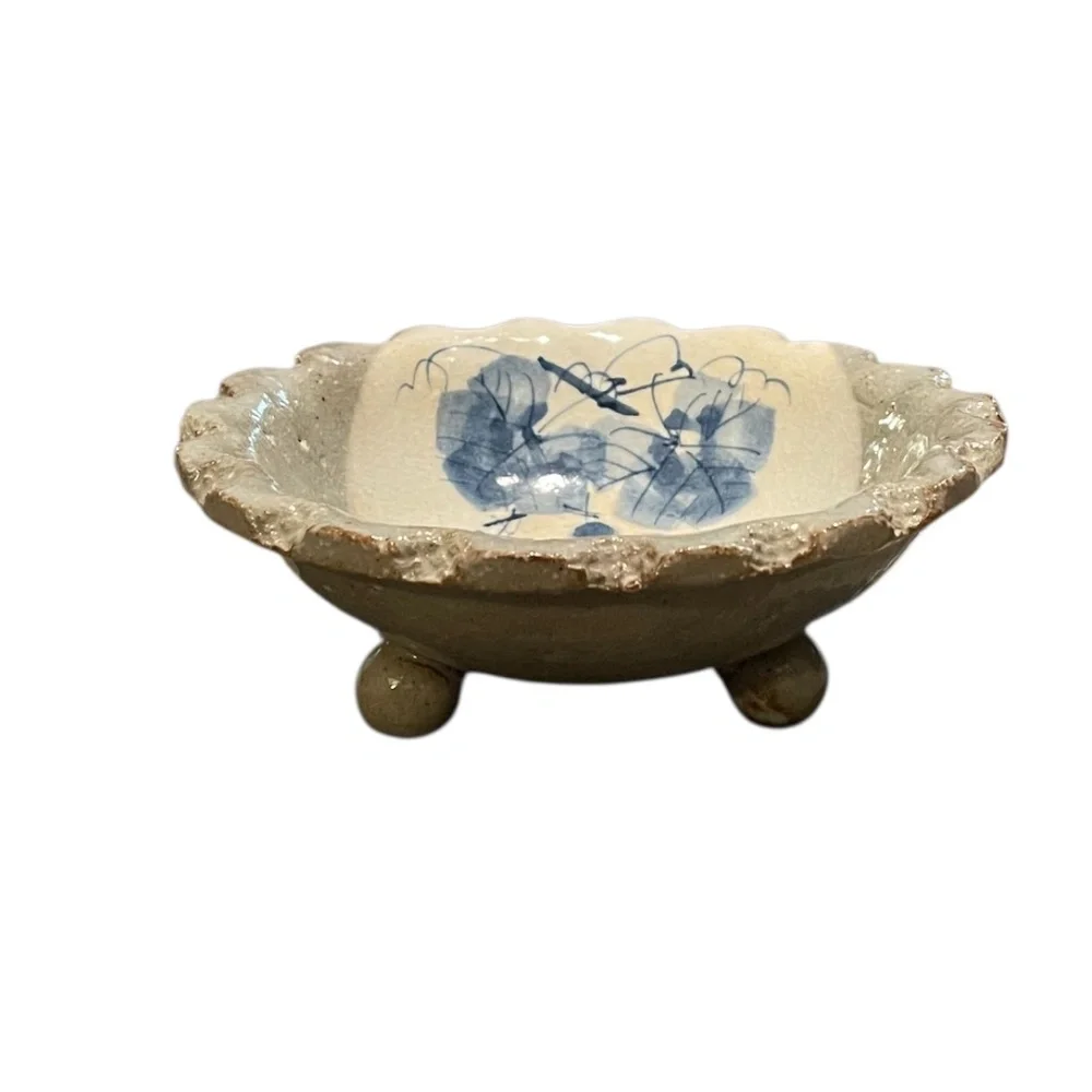 Hand Painted‎ Footed Japanese Glazed Stoneware Catch All Trinket Dish